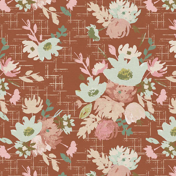 Blossom Floral Bouquet Brick Red Yardage