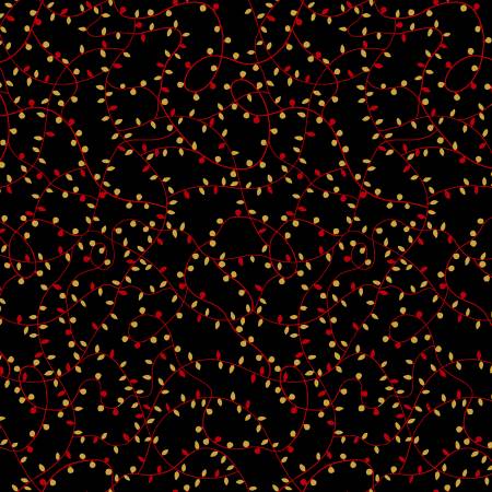 Holiday Twinkle Lights Gold Metallic Black Red Yardage