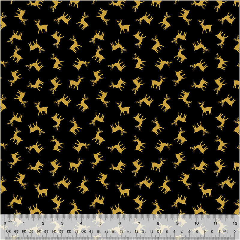 Holiday Twinkle Gold Metallic Reindeer Black Yardage