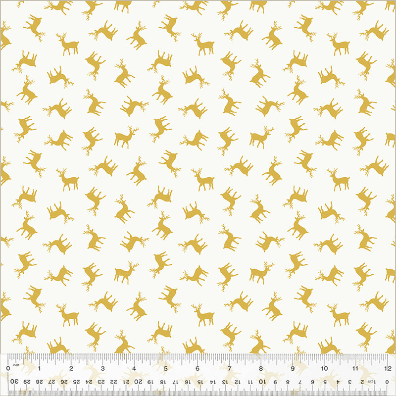 Holiday Twinkle Gold Metallic Reindeer White Yardage