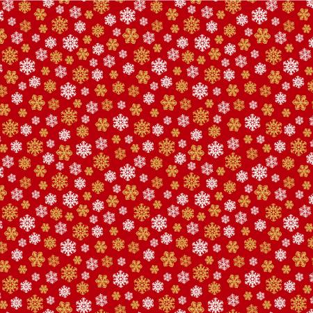 Holiday Twinkle Snowflakes Gold Metallic Red Yardage