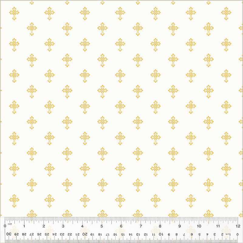 Holiday Twinkle Gold Metallic Cross Faith White Yardage