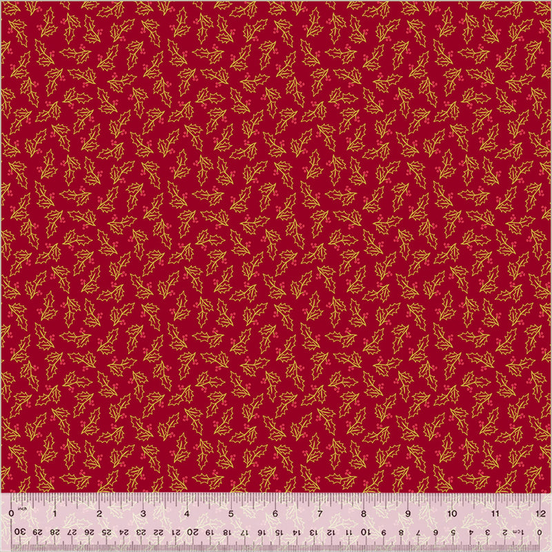 Holiday Twinkle Gold Metallic Leaves Holly Red Yardage