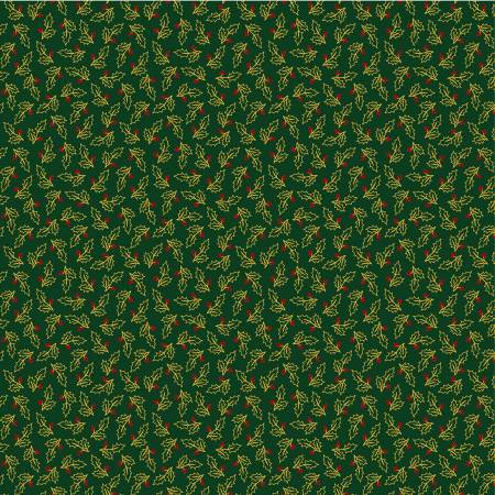 Holiday Twinkle Gold Metallic Holly Leaves Dark Green Yardage