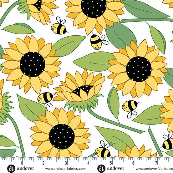 Sunny Honey Blooms Abuzz A-1574-L White Fabric