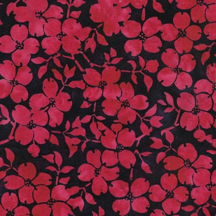 Island Batik Red White Blooms Dogwood Blue Storm Yardage