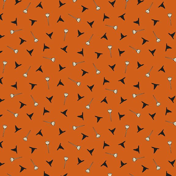 Historic Halloween Hats and Brooms Orange Fabric