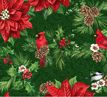 Yuletide Traditions Poinsettia Birds Green Multi Yardage