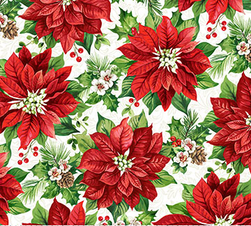 Yuletide Traditions Poinsettia Packed White Multi Yardage