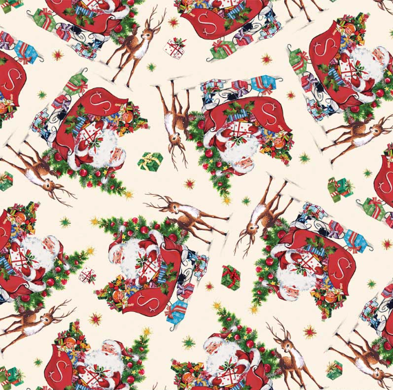 Merry Melody Santa and Reindeer Cream Yardage