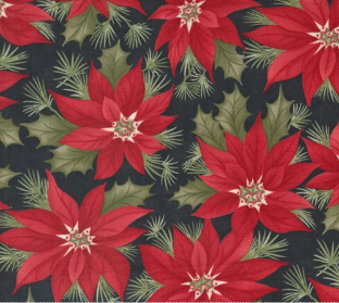 A Christmas Carol Poinsettia Large Floral Ebony Yardage