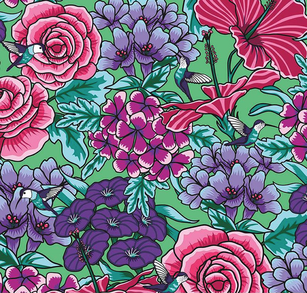 Botanic Blast Roses Green Yardage