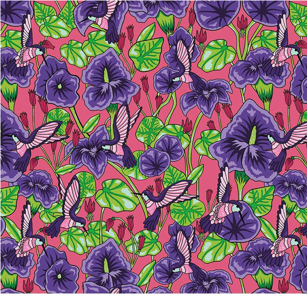 Botanic Blast Hummingbird Floral Raspberry Yardage