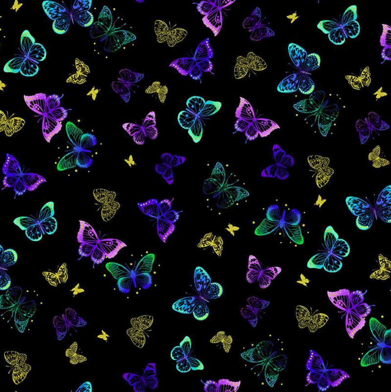 Luminous Tossed Butterflies & Dots Metallic Black Yardage