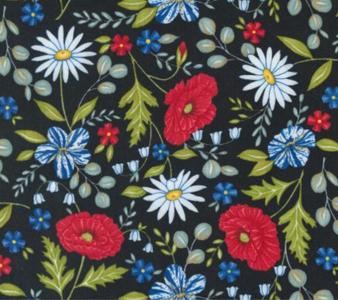 Red White and Bloom Patriotic Florals Black Yardage