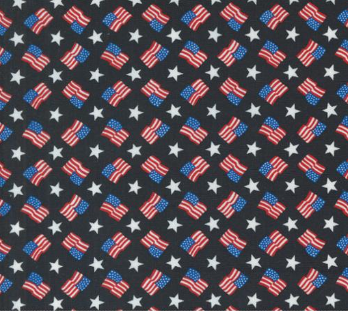 Red White and Bloom Tossed Flags Black Yardage