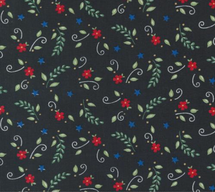 Red White and Bloom Tossed Small Floral Black Yardage