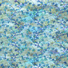 Oriental Gardens Cherry Blossoms Blue Yardage