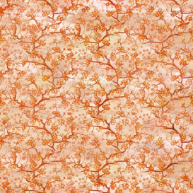 Oriental Gardens Cherry Blossoms Orange Yardage