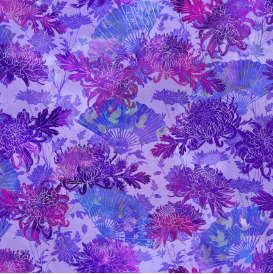 Oriental Gardens Fans & Mums Purple Yardage