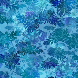 Oriental Gardens Fans & Mums Blue Yardage