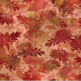 Oriental Gardens Fans & Mums Red Yardage