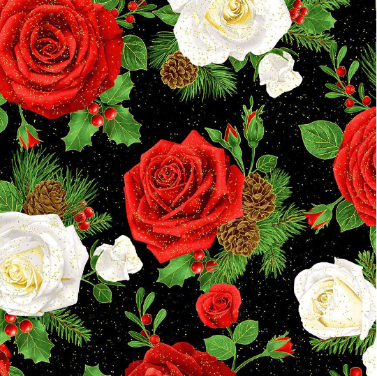 Winter Rose Roses & Pinecorn Bouquet Metallic Black Yardage