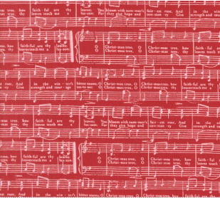 Berry And Pine O Christmas Tree Text and Words Music Notes Cranberry Fabric