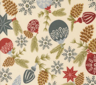Old World Yuletide Pine Cones Snowflakes Metallic Eggshell Fabric