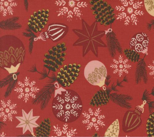 Old World Yuletide Pine Cones Snowflakes Metallic Poinsettia Fabric