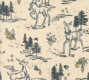Old World Yuletide Deer Snow Trees Metallic Eggshell Fabric