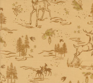 Old World Yuletide Deer Snow Trees Metallic Almond Fabric