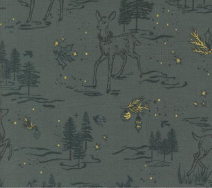 Old World Yuletide Deer Snow Trees Metallic Dusk Fabric