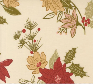 Old World Yuletide Festive Florals Metallic Eggshell Fabric
