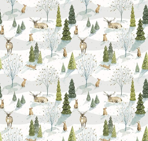 Santa's Tree Farm Woodland Snowy Fabric