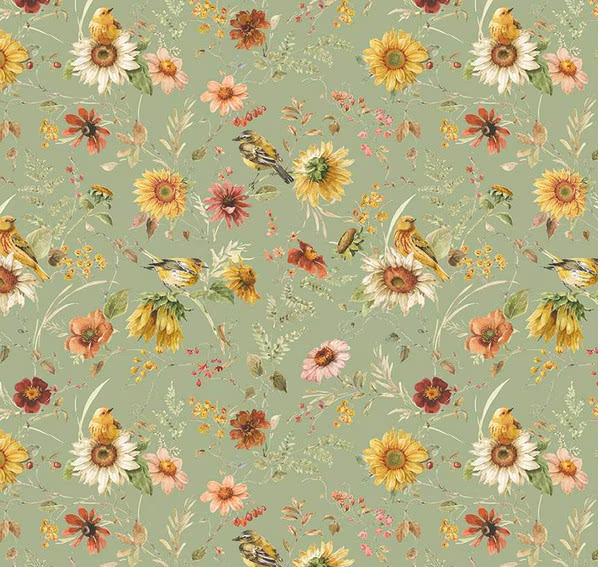 Sunflower Whispers Prairie Green Fabric