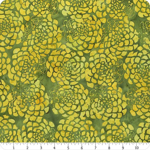 Island Batik Full Bloom Light & Dark Green Peonies Yardage